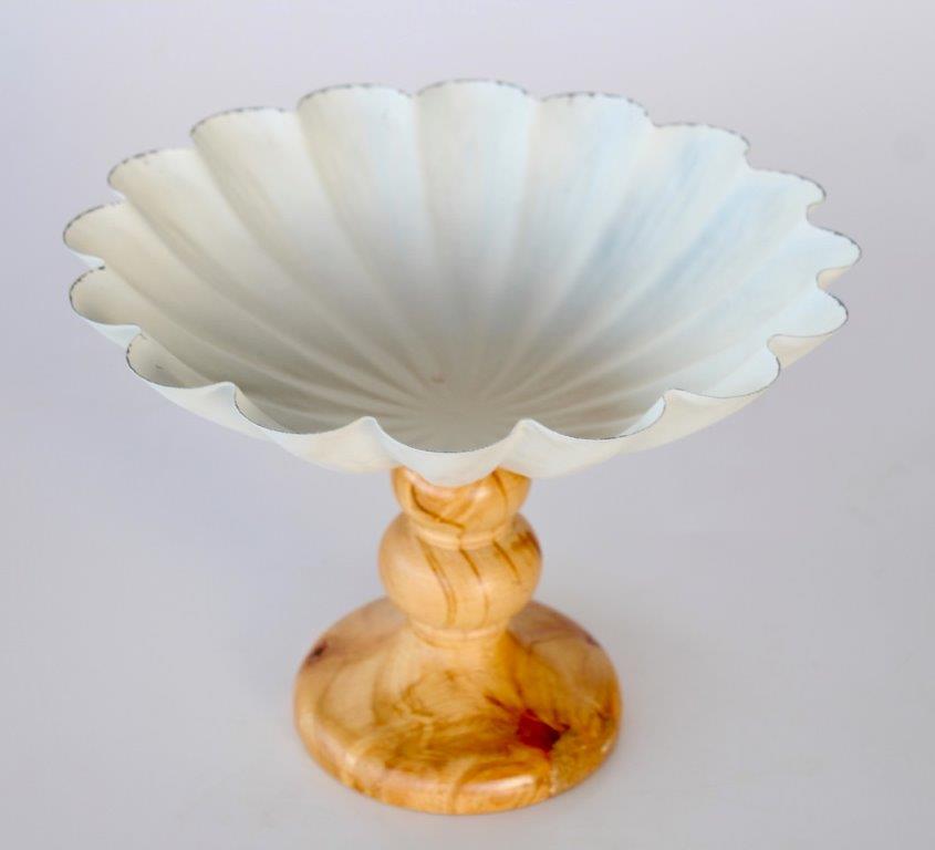 White Metal Bowl On Wooden Base